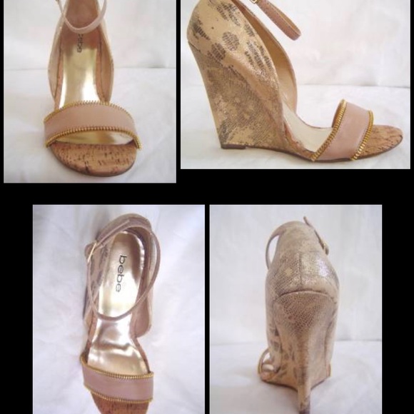 BEBE Sylvana Beige Gold LEATHER Wedge - Picture 2 of 11
